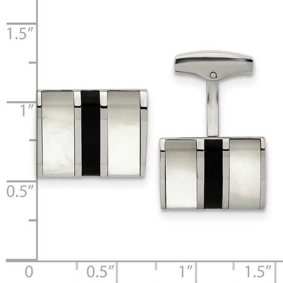 Stainless Steel Mother of Pearl Black Onyx Striped Cuff Links, 18x14mm - Picture 2 of 3
